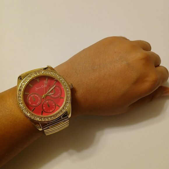 Jessica Carlyle Gold Tone Stretch Band Pink Face Rhinestone Bezel Quartz Watch - Picture 5 of 15